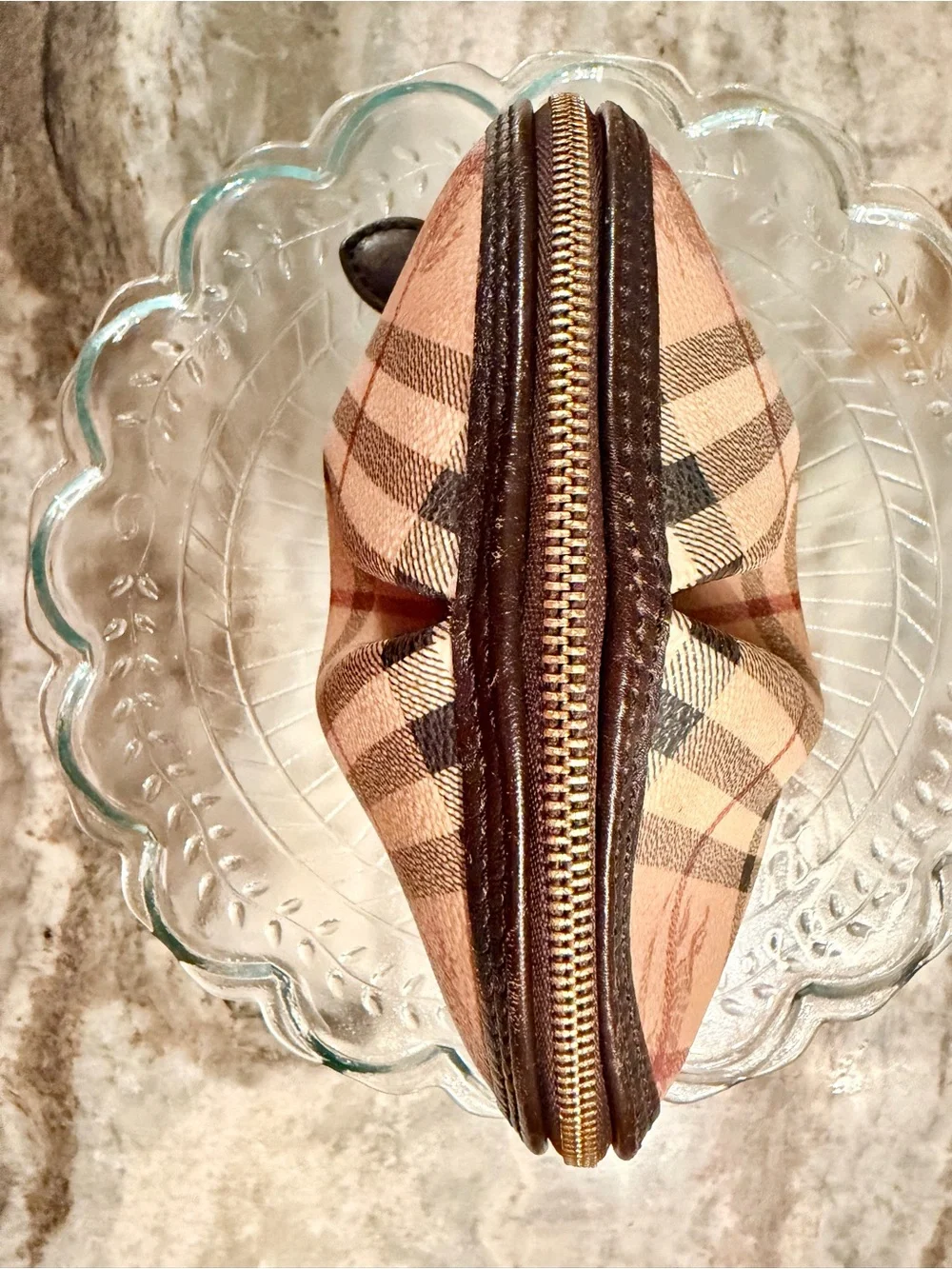 Authentic Burberry Tan Plaid Cosmetic Pouch with Black and Red Stripes